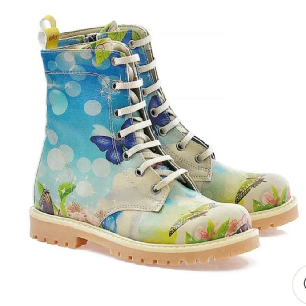 NEW Goby Girls Butterfly Long Boots, Size 1.5, Blue Yellow